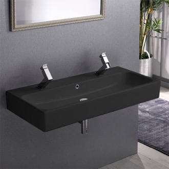 Bathroom Sink Trough Matte Black Ceramic Wall Mounted or Vessel Sink CeraStyle 080507-U-97